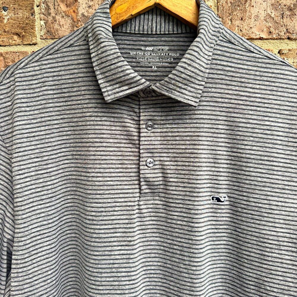 Vineyard Vines OTG On-The-Go Sankaty Polo Men XL Gray Stripe Stretch Performance